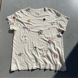 THE GREAT. Boxy Crew with Charm Embroidery in Washed White - Unworn